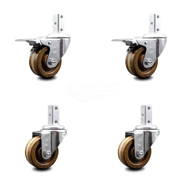 3 Inch High Temp Phenolic 7/8 Inch Square Stem Caster Set Total Lock Brake SCC